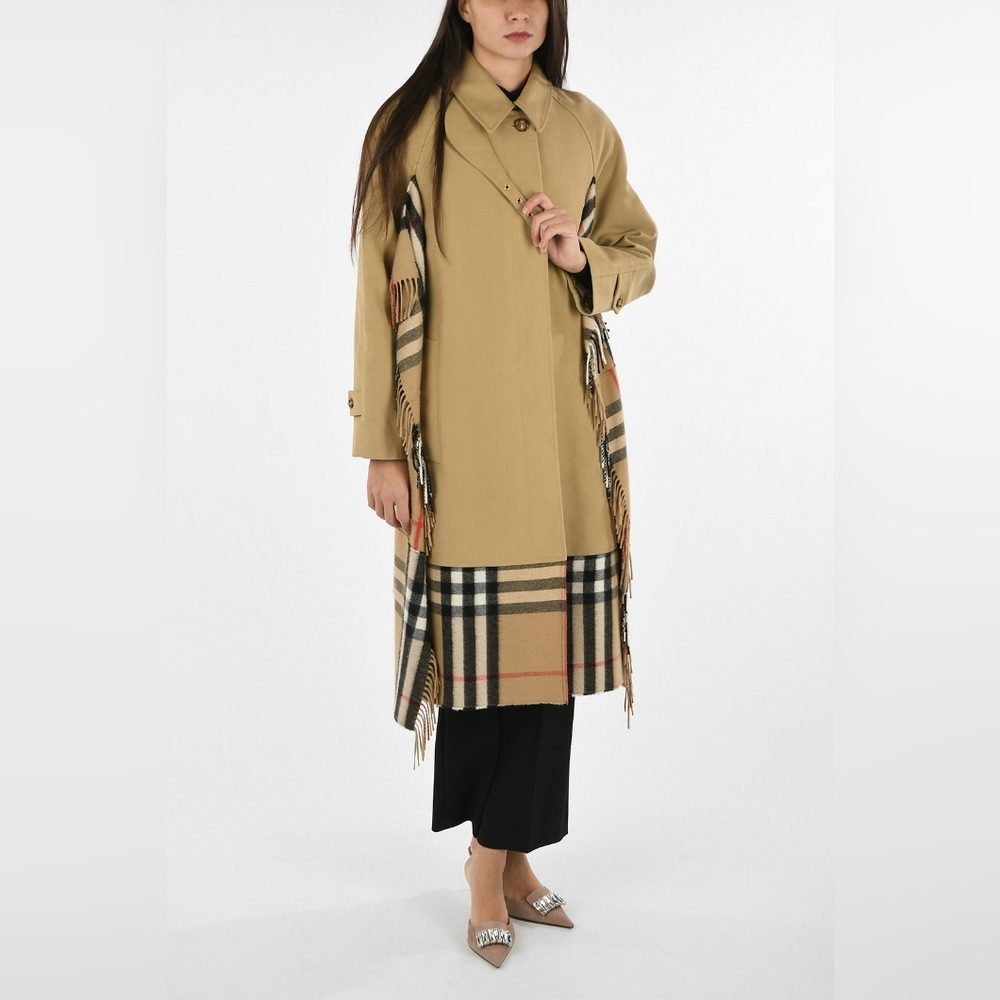 BURBERRY HONEY COTTON GABARDINE CAR COAT TRENCH WITH CASHMERE CHECK SCARF DETAIL - Picture 3 of 14